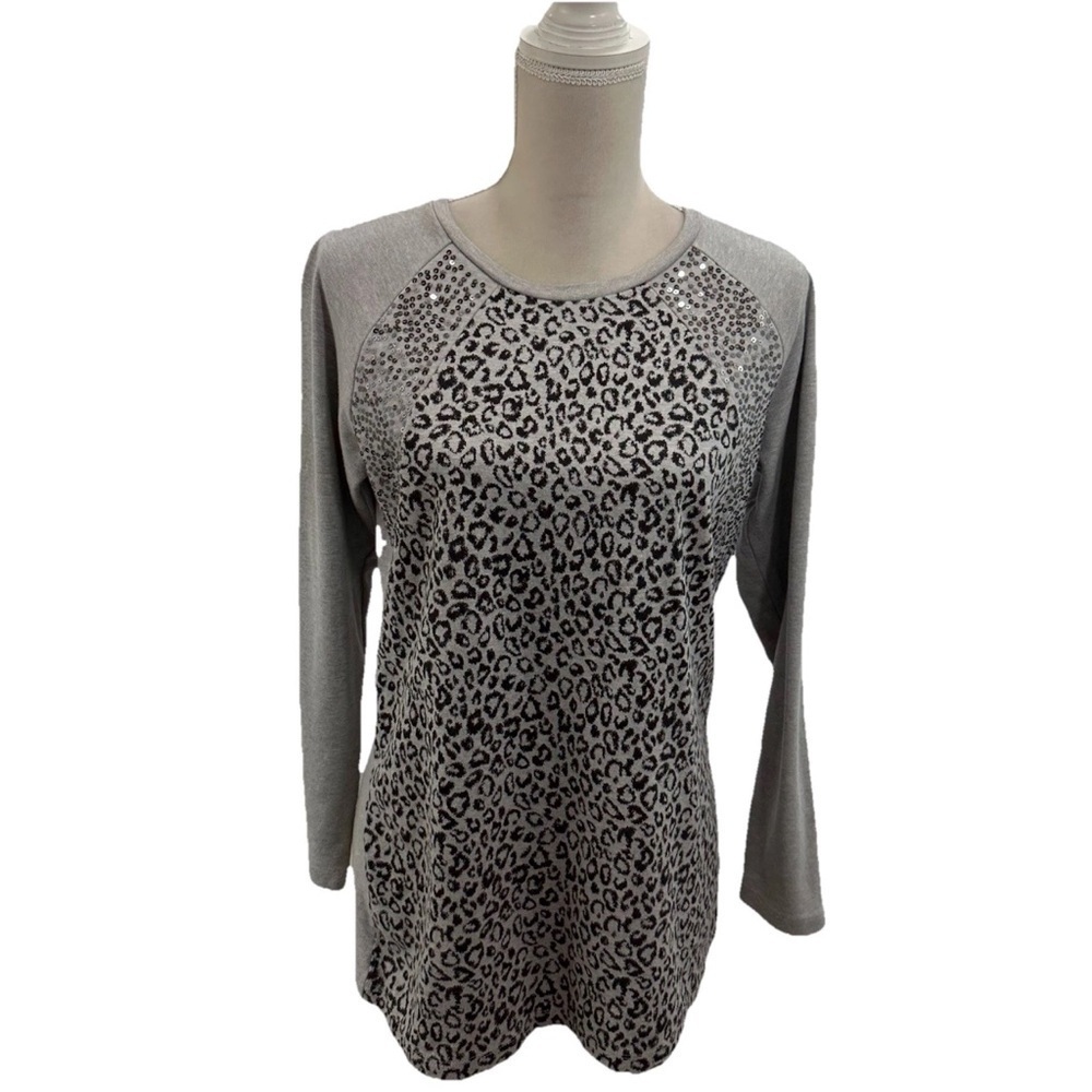 Quacker Factory Gray Cheetah Sequins Long Sleeve T-Shirt Women’s Small